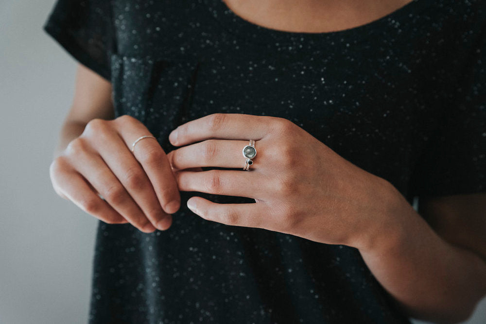 Labradorite and Black Spinel Gemstone Double Band Ring