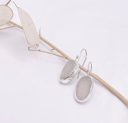 White Sea Glass Drop Hook Earrings