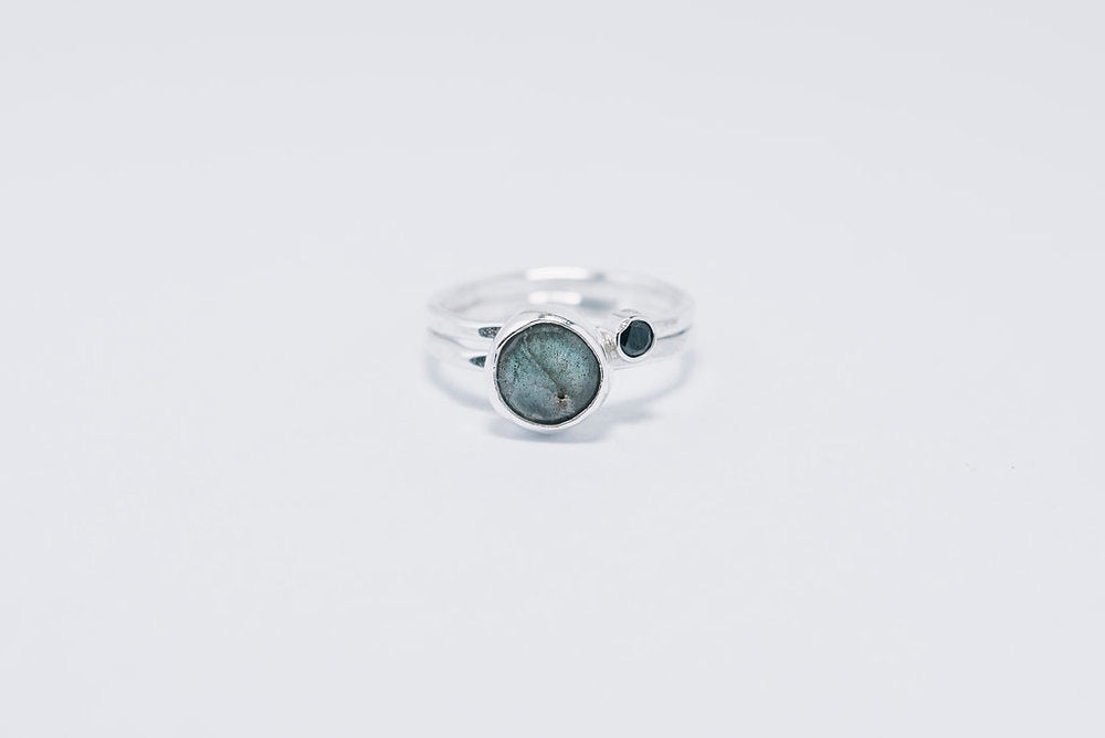 Labradorite and Black Spinel Gemstone Double Band Ring